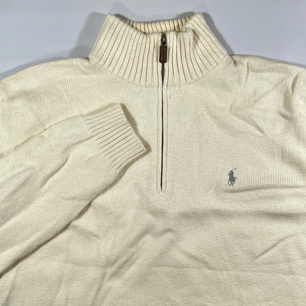 VTG Polo Ralph Lauren Quarter Zip Pullover Mens L Cream Preppy Old Money Sweater